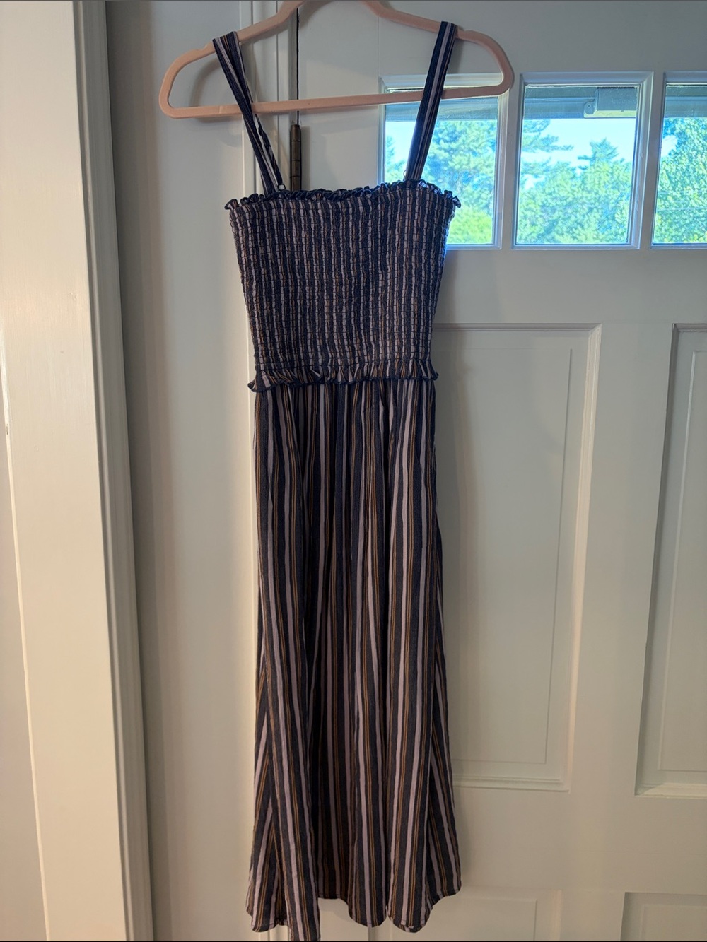 aerie Navy and Cream Striped Smocked Midi Dress